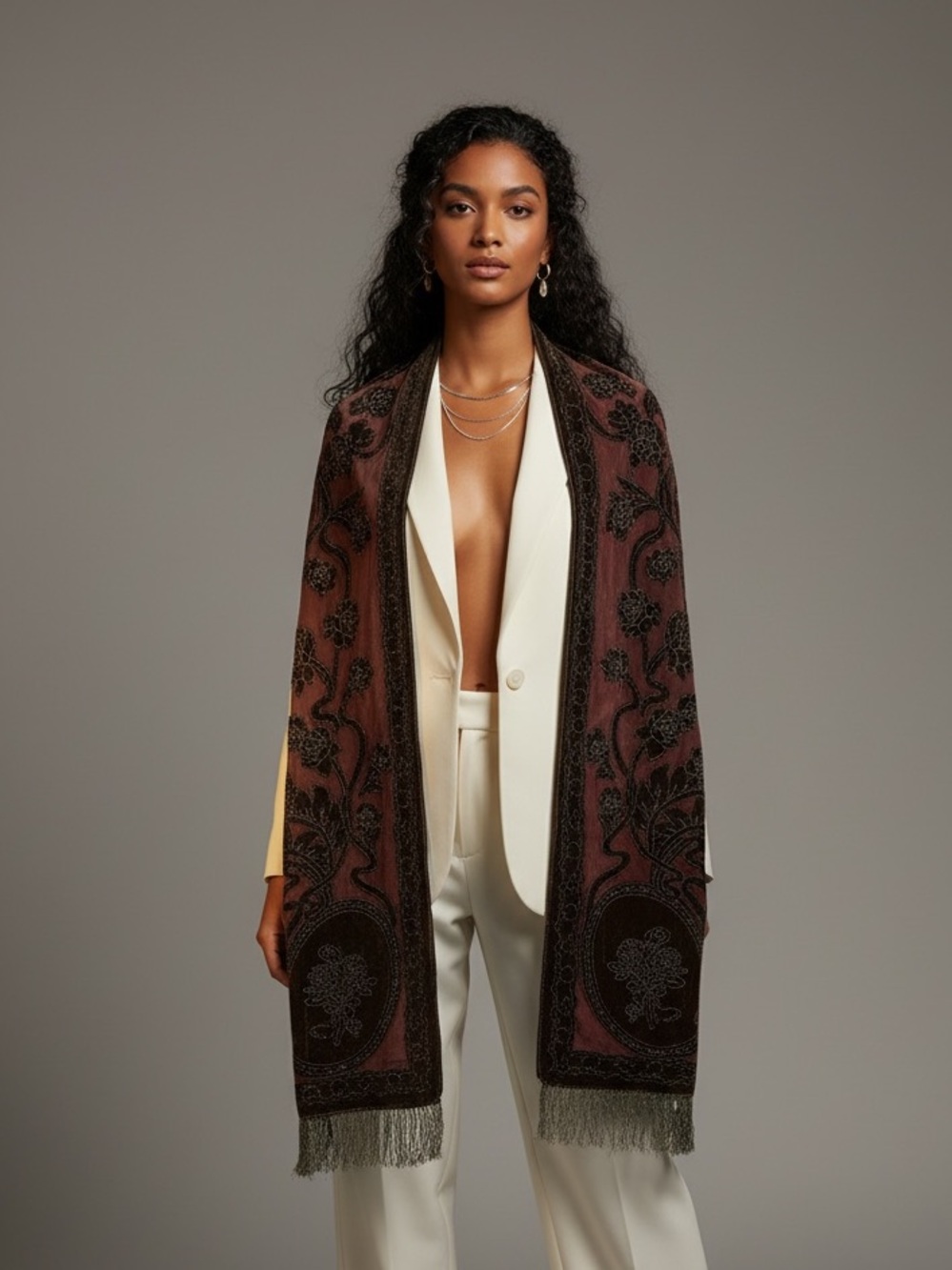 🪾{PRICE IS FIRM} Vintage Velvet Floral Burnout Shawl ~ Chocolate